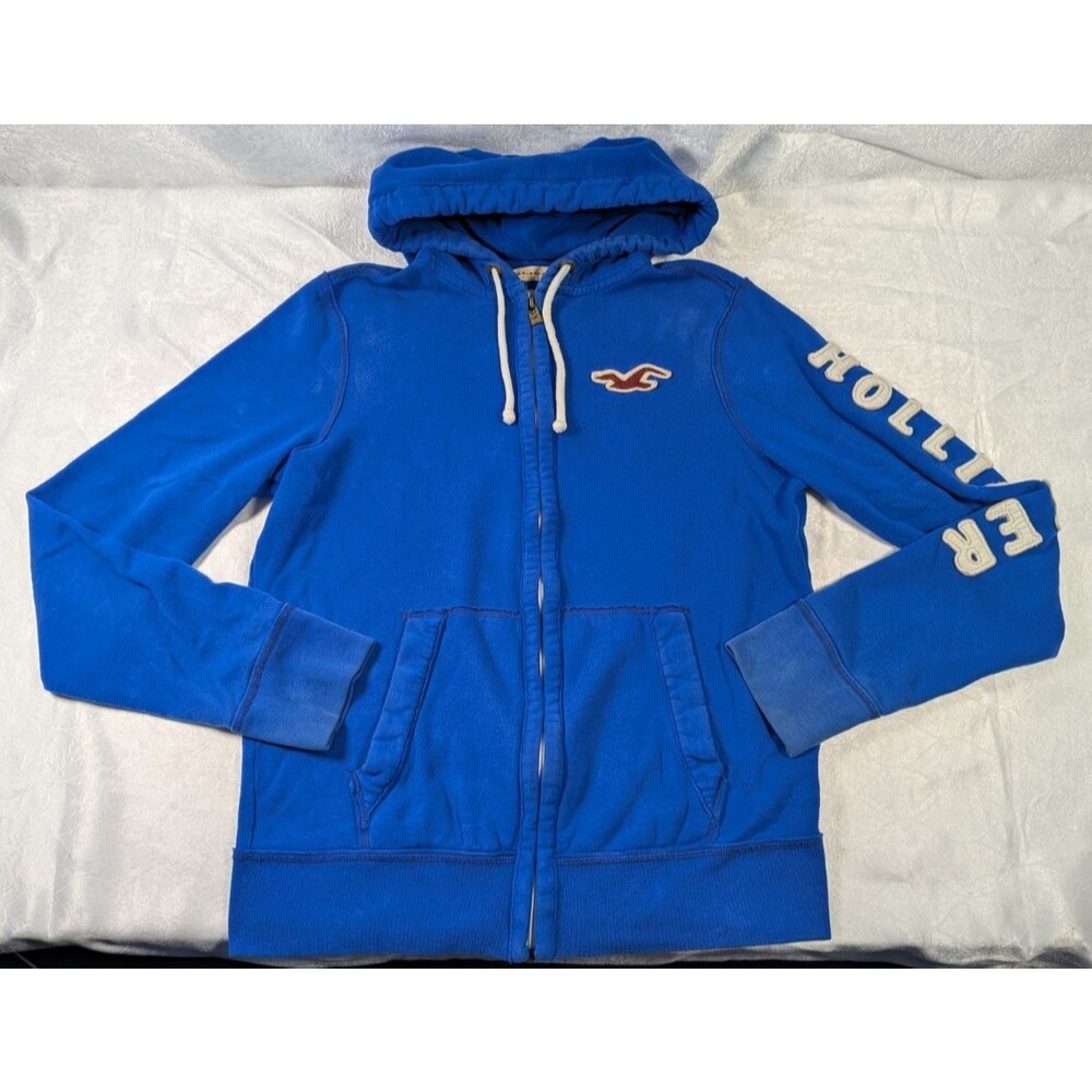 Hollister Men’s L Blue Full Zip Hoodie Sleeve Logo Fleece Sweatshirt